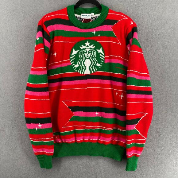 Roody Originals Starbucks Retro Ugly Christmas Sweater Mens M Red Green Holidays - Picture 1 of 16